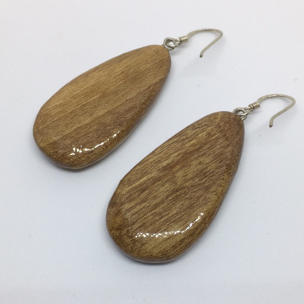 Hand Painted Walnut Wood Sterling Silver Teardrop Earrings Turquoise Pink Floral - Picture 4 of 8